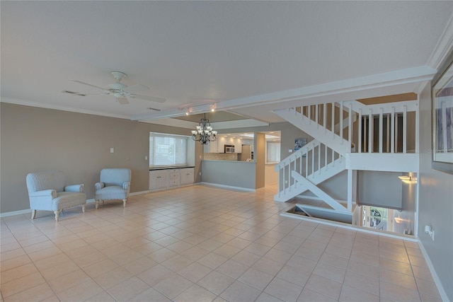 unfurnished living room with light tile patterned floors, visible vents, baseboards, stairs, and ceiling fan with notable chandelier