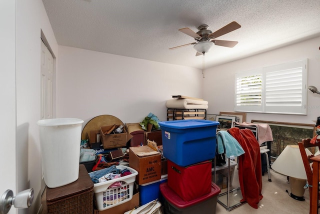 storage area featuring ceiling fan