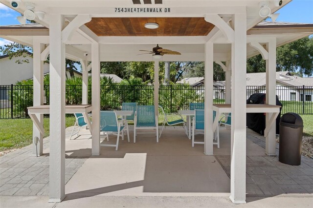 view of patio / terrace with a gazebo and ceiling fan