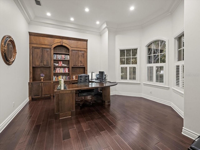 office with crown molding and dark wood-type flooring