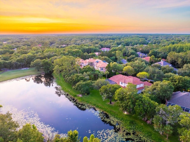 aerial view at dusk with a water view