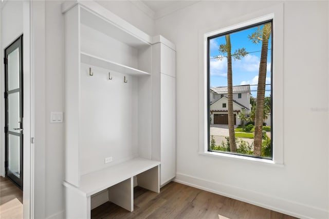 mudroom with crown molding and light hardwood / wood-style floors