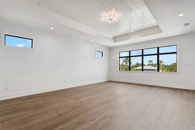 spare room featuring a wealth of natural light, a tray ceiling, visible vents, and wood finished floors