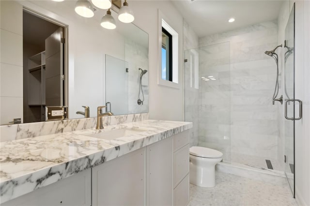 full bathroom featuring toilet, a shower stall, and vanity