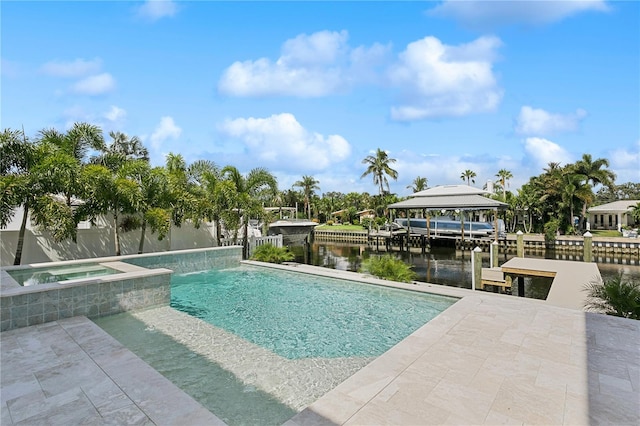 view of swimming pool with a water view, a patio, an in ground hot tub, and pool water feature