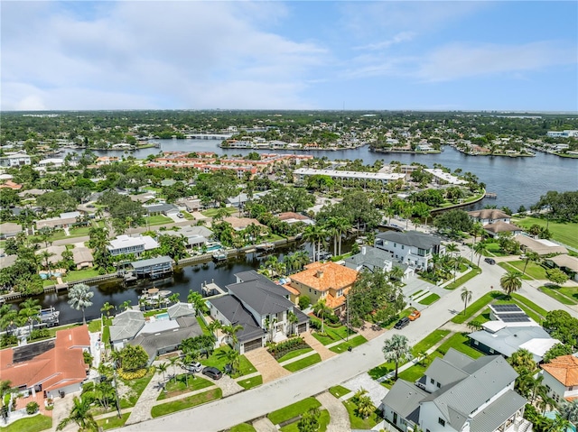 bird's eye view with a water view