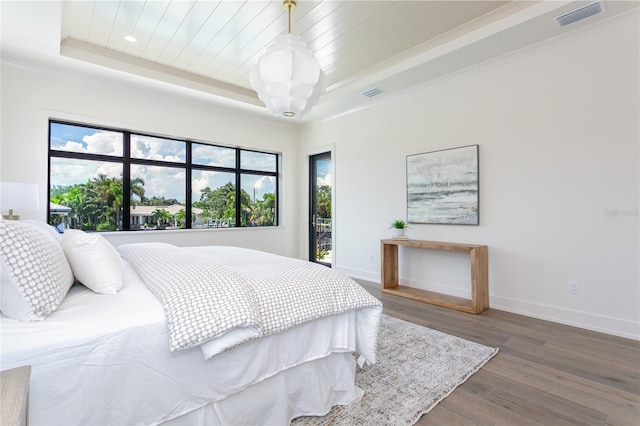 bedroom featuring a raised ceiling, wood ceiling, and dark hardwood / wood-style floors