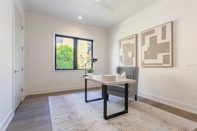 office with baseboards, a ceiling fan, ornamental molding, and dark wood-style flooring