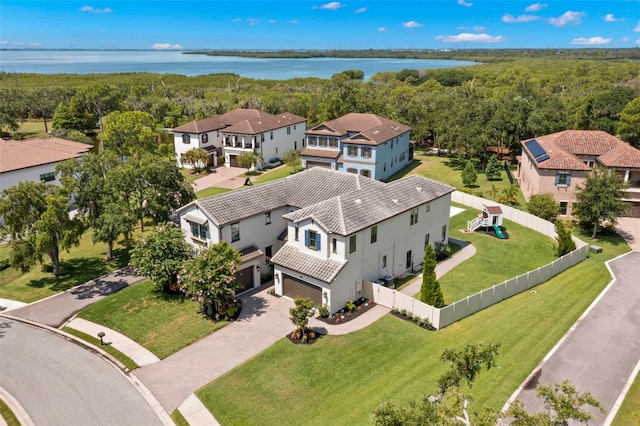 aerial view with a water view