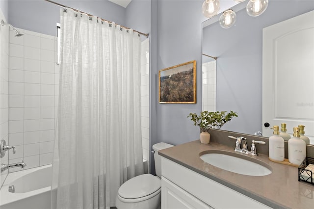 full bathroom with vanity, shower / bathtub combination with curtain, and toilet