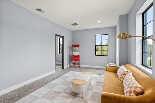 living room featuring light colored carpet