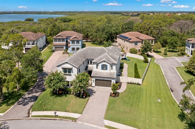 drone / aerial view featuring a water view