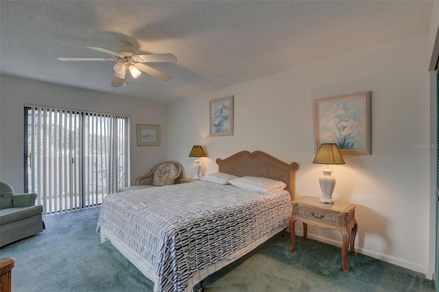 bedroom featuring a textured ceiling, carpet, ceiling fan, and access to exterior