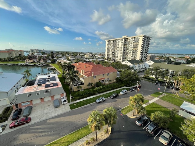 drone / aerial view with a water view