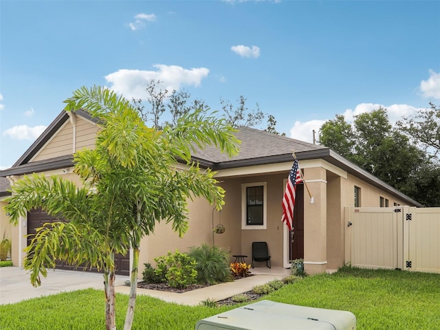 view of front of property featuring an attached garage, driveway, a gate, stucco siding, and a front yard