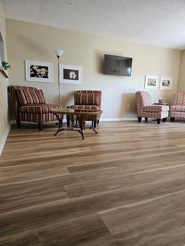 living area featuring wood-type flooring and a textured ceiling