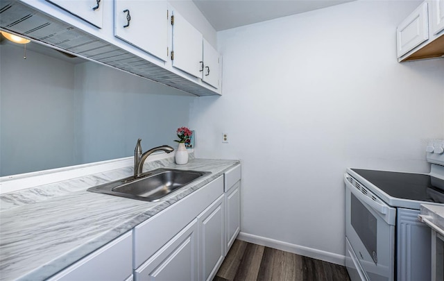 kitchen featuring dark wood-type flooring, sink, white cabinets, and white electric stove