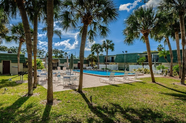 view of swimming pool featuring a patio area and a lawn