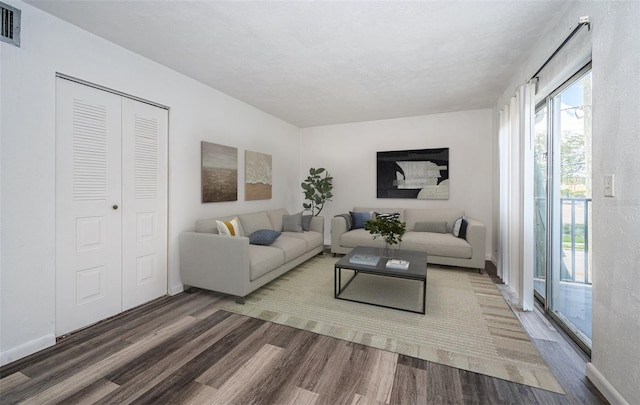 living room with a textured ceiling and hardwood / wood-style floors