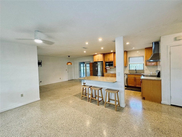 kitchen featuring ceiling fan, sink, wall chimney range hood, backsplash, and appliances with stainless steel finishes