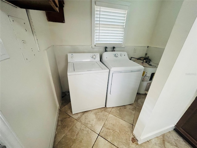 washroom featuring water heater and washing machine and clothes dryer