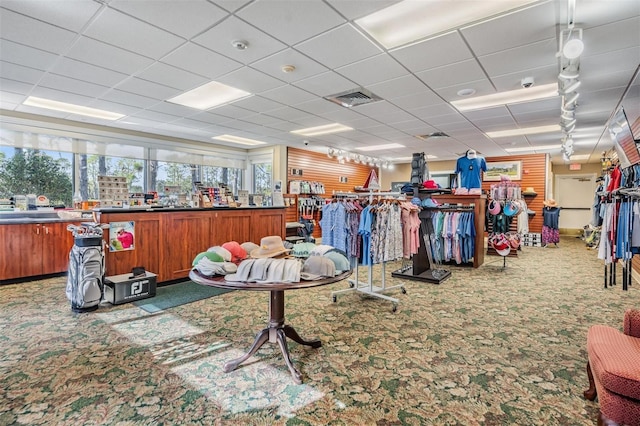 misc room featuring a paneled ceiling and carpet