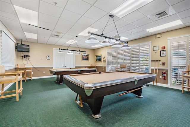 game room with billiards, carpet flooring, and a paneled ceiling