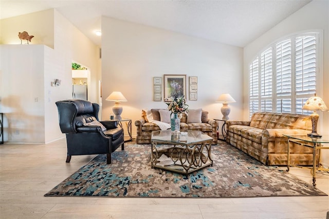 living room featuring light hardwood / wood-style floors and vaulted ceiling