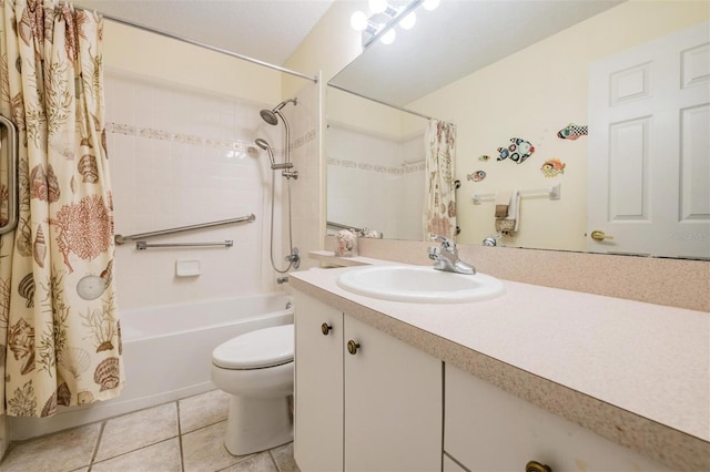 full bathroom featuring shower / bath combination with curtain, toilet, vanity, and tile patterned flooring