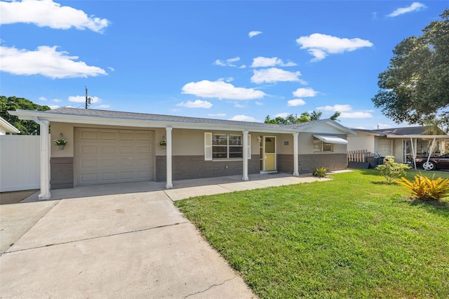 single story home with a garage and a front yard