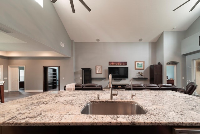 kitchen with light stone counters, sink, and a kitchen island with sink