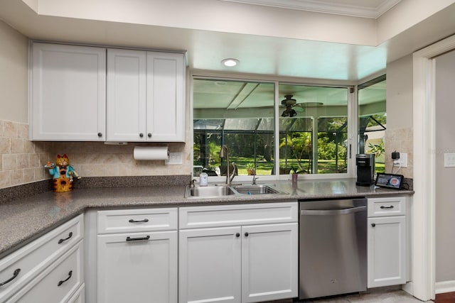 kitchen with ceiling fan, dishwasher, white cabinets, and sink