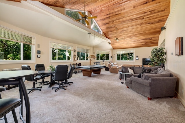 interior space featuring ceiling fan, high vaulted ceiling, wood ceiling, and pool table