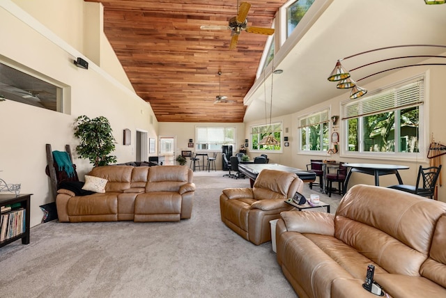 living room with light carpet, high vaulted ceiling, ceiling fan, and wooden ceiling