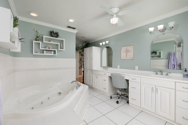 bathroom featuring ornamental molding, vanity, ceiling fan, a relaxing tiled tub, and tile patterned flooring