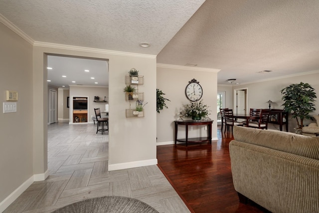 living room with crown molding, dark parquet flooring, and a textured ceiling