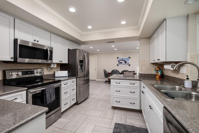 kitchen featuring sink, stainless steel appliances, backsplash, kitchen peninsula, and white cabinets