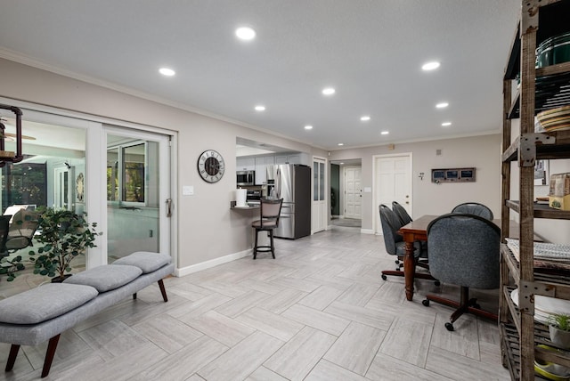 office area with light parquet flooring and ornamental molding