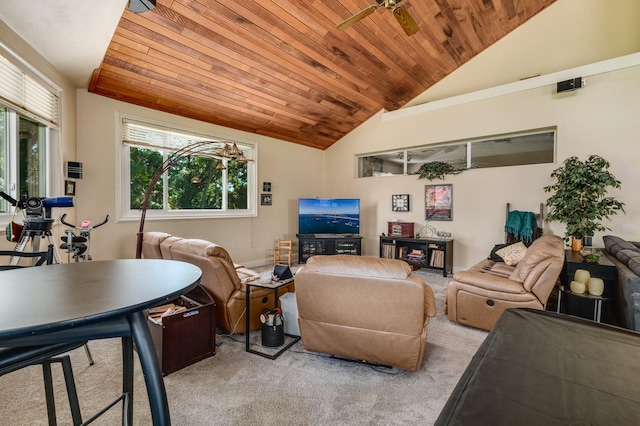 living room featuring lofted ceiling, plenty of natural light, wood ceiling, and light carpet