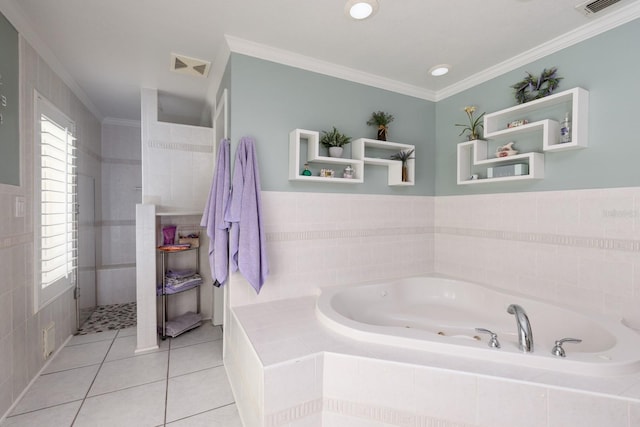 bathroom with tile patterned floors, crown molding, and plus walk in shower