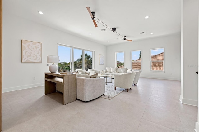 living room with ceiling fan