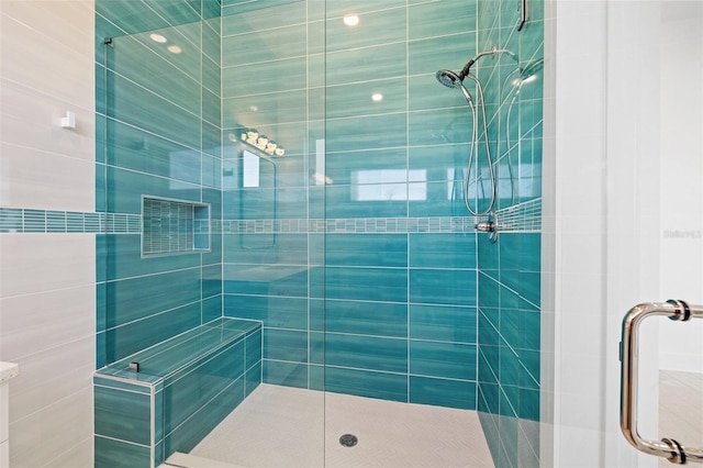 bathroom featuring a shower with shower door