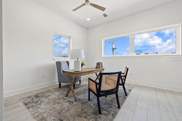 office area with a wealth of natural light, light hardwood / wood-style flooring, and ceiling fan