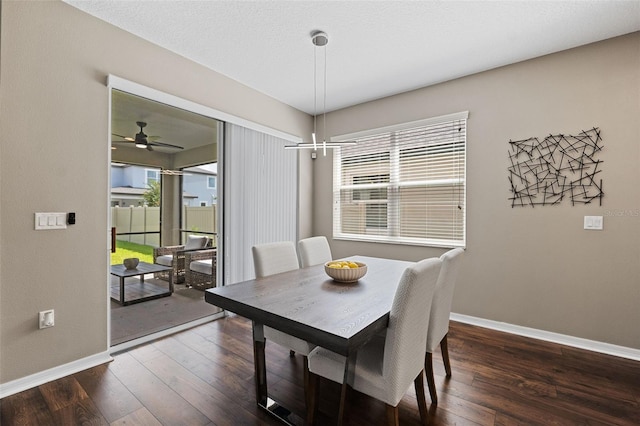 dining room with ceiling fan and dark wood-type flooring