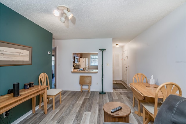 dining room featuring wood-type flooring and a textured ceiling