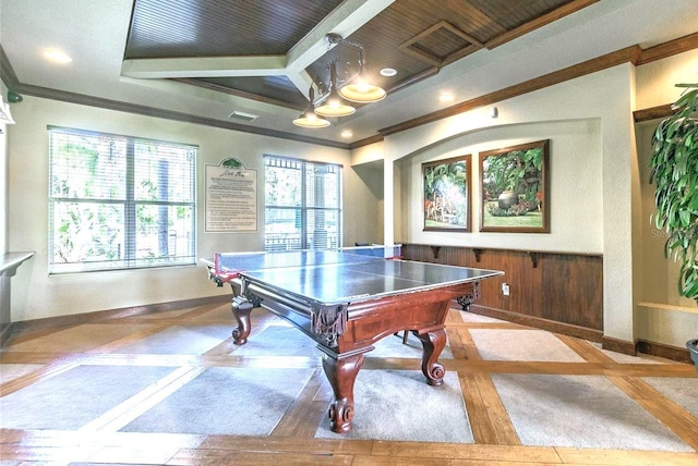 recreation room featuring pool table and ornamental molding