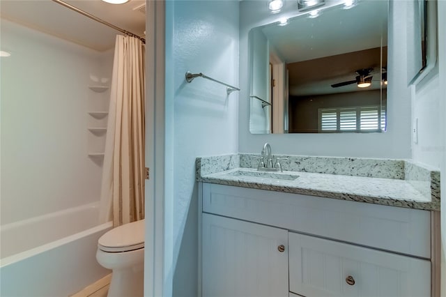 full bathroom with vanity, toilet, shower / bathtub combination with curtain, and ceiling fan