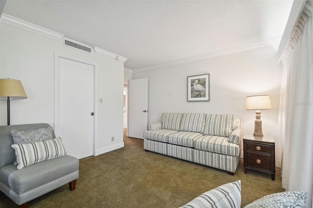 carpeted living room featuring ornamental molding