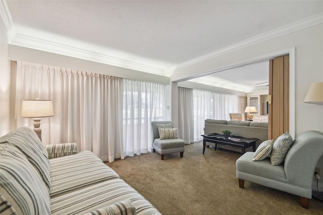 living room featuring carpet floors and ornamental molding