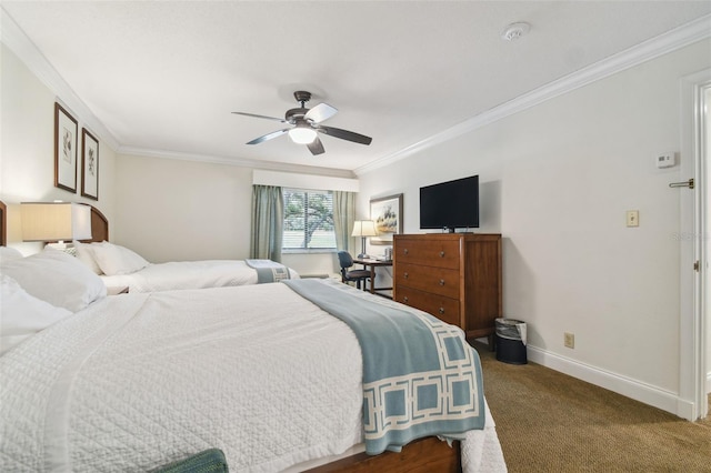 carpeted bedroom with ceiling fan and crown molding